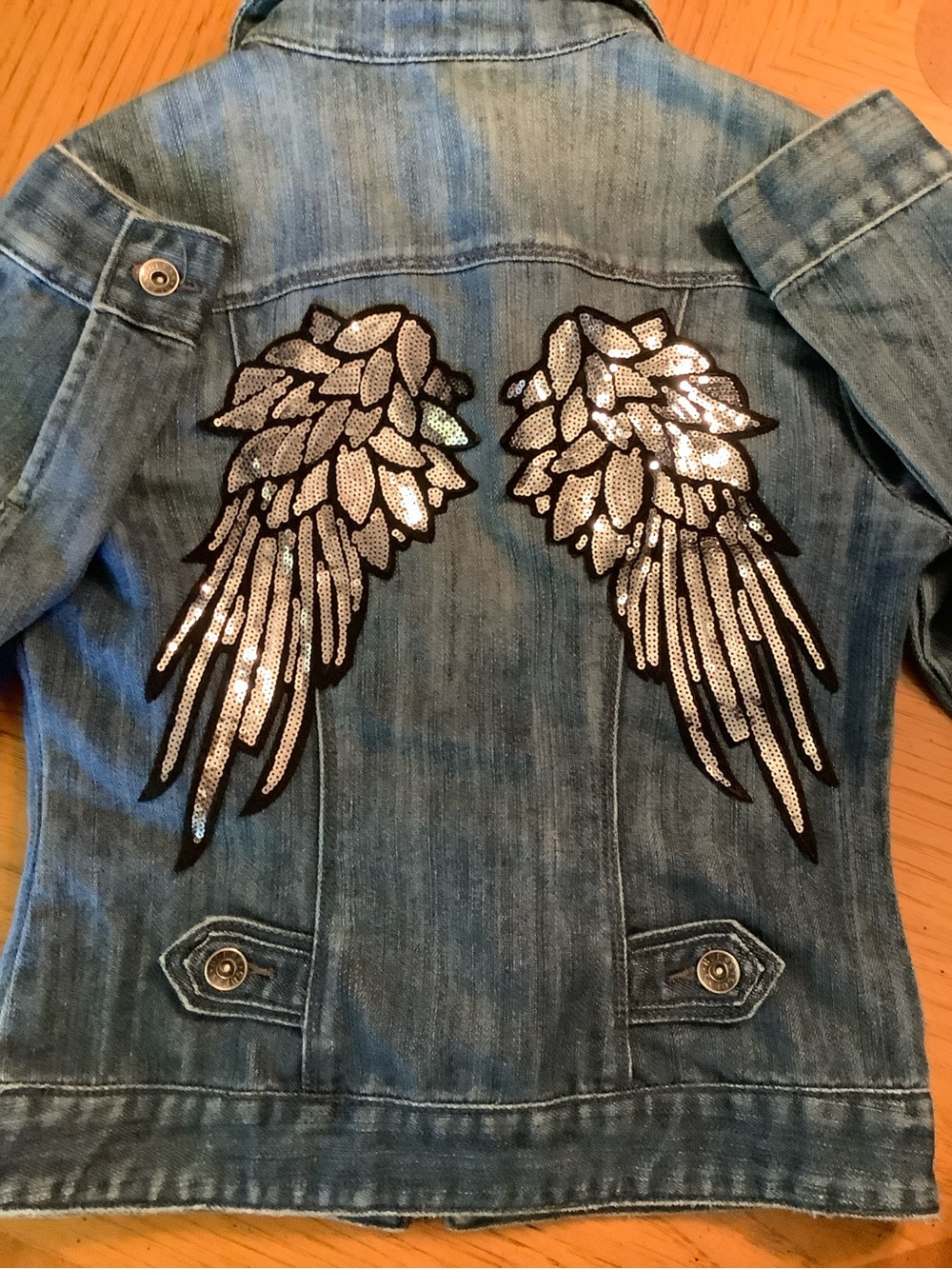 Guess Light Blue Denim Jacket with Silver Sequin Angel Wings